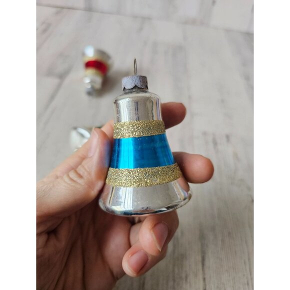 Vintage glitter mercury glass bell ornament gold striped green red blue set Xmas - Picture 14 of 15